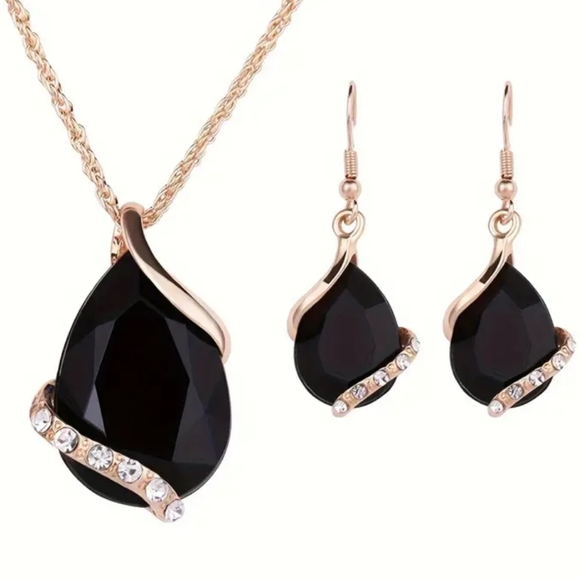Teardrop Waterdrop Gold Black CZ Necklace Earrings Jewelry Set - Picture 1 of 1